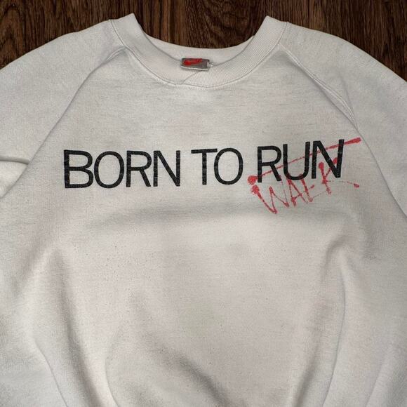 Vintage 80’s Nike Born To Run/Walk Bruce Springsteen White Crewneck Sweatshirt L - Picture 4 of 8